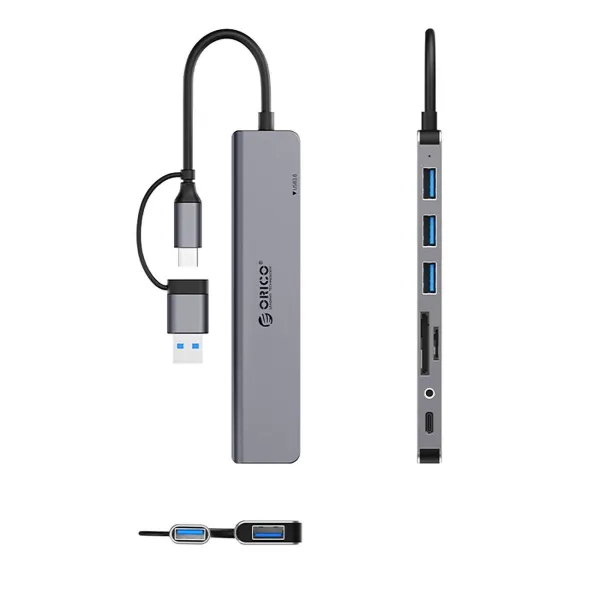 Orico YSA8-U3 HUB adaptér USB / USB-C - 3x USB 2.0 / USB 3.0 / USB-C / 3.5mm jack / 2x TF SD, šedý
