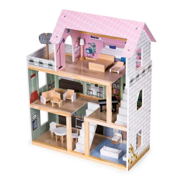 ECOTOYS Dřevěný domeček pro panenky PATIO vícebarevný