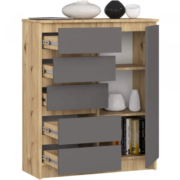 Ak furniture Komoda JERRY 80 cm 1 dvere 5 zásuviek dub artisan/antracitovo šedá