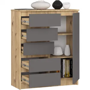 Ak furniture Komoda JERRY 80 cm 1 dvere 5 zásuviek dub artisan/antracitovo šedá