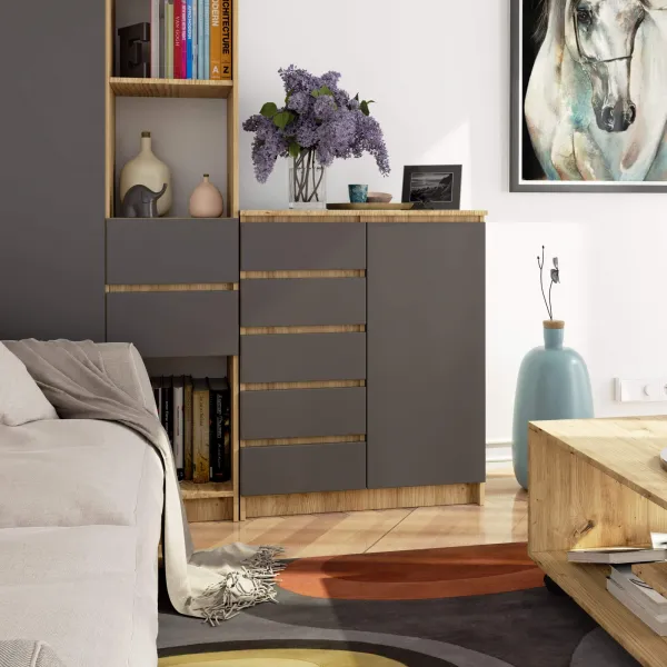Ak furniture Komoda JERRY 80 cm 1 dvere 5 zásuviek dub artisan/antracitovo šedá