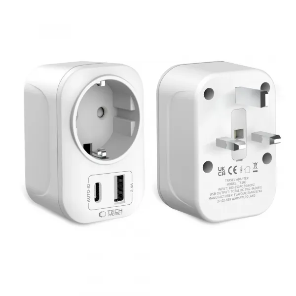 Tech-Protect TA100 cestovný adaptér UK / EU, biely