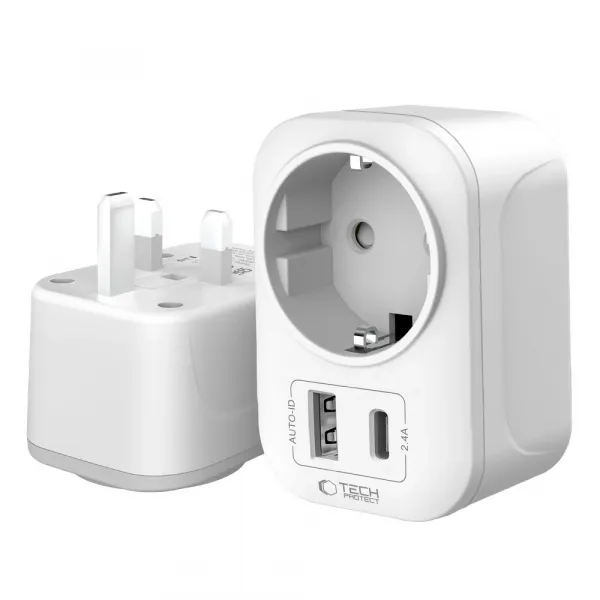Tech-Protect TA100 cestovný adaptér UK / EU, biely