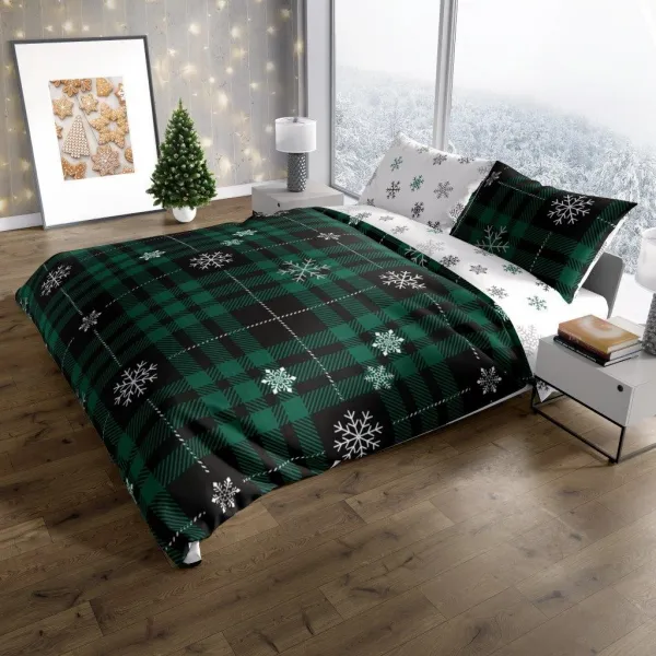 Faro Vianočné bavlnené obliečky Nordic 006 220x200 cm + 2x 70x80 cm tmavo zelené/biele