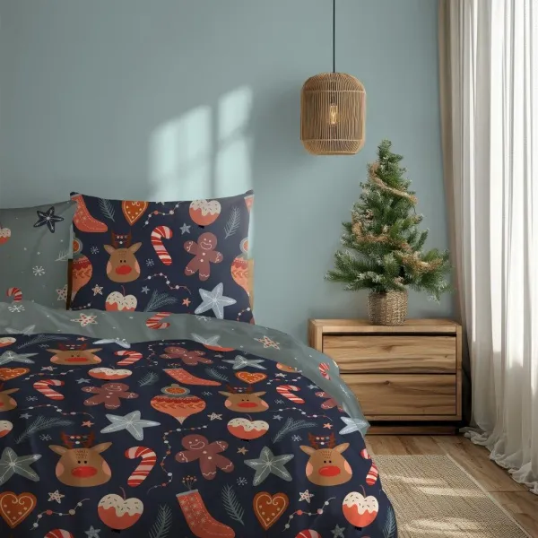 Faro Vianočné obliečky zo saténového mikrovlákna Holly Jolly 007 220x200 cm +2x 70x80 cm modré/sivé