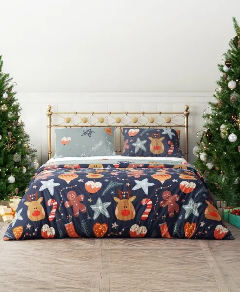 Faro Vianočné obliečky zo saténového mikrovlákna Holly Jolly 007 220x200 cm +2x 70x80 cm modré/sivé