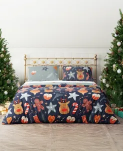 Faro Vianočné obliečky zo saténového mikrovlákna Holly Jolly 007 220x200 cm +2x 70x80 cm modré/sivé