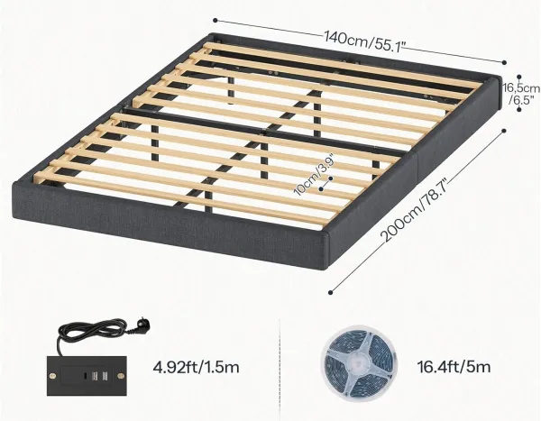 VASAGLE Dvojlôžková posteľ Timaro 140x200 s nabíjacou stanicou a LED osvetlením sivá