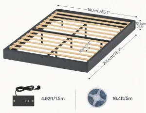 VASAGLE Dvojlôžková posteľ Timaro 140x200 s nabíjacou stanicou a LED osvetlením sivá