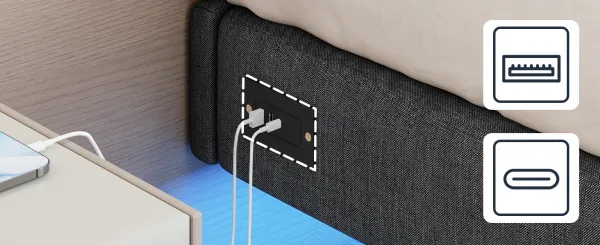 VASAGLE Dvojlôžková posteľ Timaro 160x200 s nabíjacou stanicou a LED osvetlením sivá