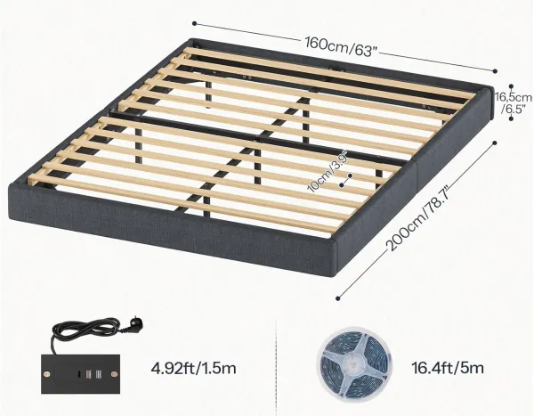 VASAGLE Dvojlôžková posteľ Timaro 160x200 s nabíjacou stanicou a LED osvetlením sivá