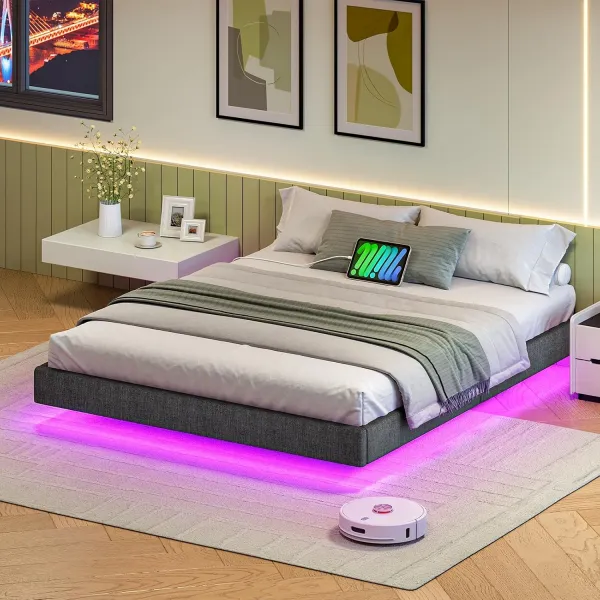 VASAGLE Dvojlôžková posteľ Timaro 160x200 s nabíjacou stanicou a LED osvetlením sivá