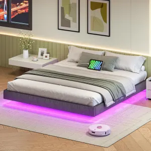 VASAGLE Dvojlôžková posteľ Timaro 180x200 s nabíjacou stanicou a LED osvetlením sivá