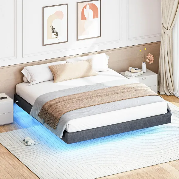 VASAGLE Dvojlôžková posteľ Timaro 180x200 s nabíjacou stanicou a LED osvetlením sivá