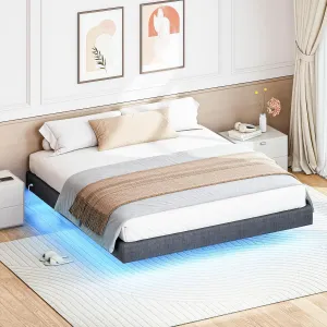 VASAGLE Dvojlôžková posteľ Timaro 180x200 s nabíjacou stanicou a LED osvetlením sivá