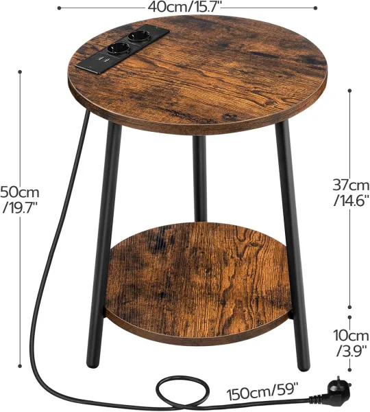 Okrúhly odkladací stolík Vasagle Leky 40 cm s nabíjacou stanicou hnedý/čierny