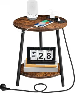 Okrúhly odkladací stolík Vasagle Leky 40 cm s nabíjacou stanicou hnedý/čierny