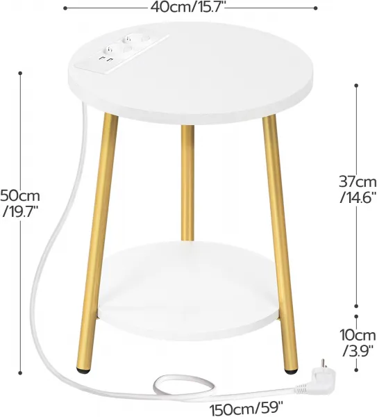 Okrúhly odkladací stolík Vasagle Luretta 40 cm s nabíjacou stanicou biely/zlatý