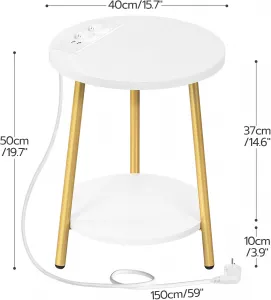 Okrúhly odkladací stolík Vasagle Luretta 40 cm s nabíjacou stanicou biely/zlatý