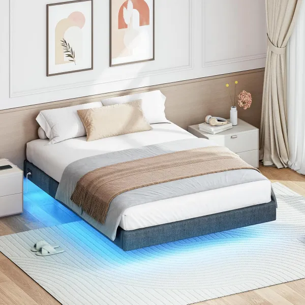 VASAGLE Dvojlôžková posteľ Timaro 140x200 s nabíjacou stanicou a LED osvetlením sivá