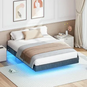VASAGLE Dvojlôžková posteľ Timaro 140x200 s nabíjacou stanicou a LED osvetlením sivá
