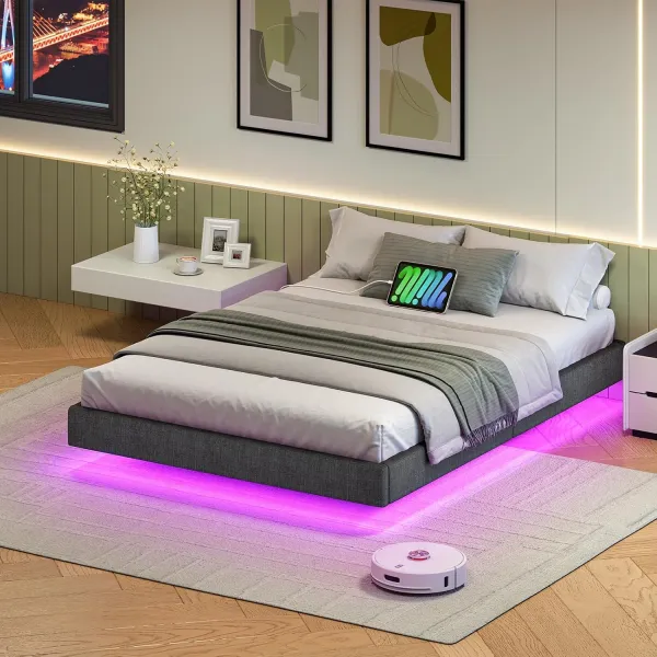 VASAGLE Dvojlôžková posteľ Timaro 140x200 s nabíjacou stanicou a LED osvetlením sivá