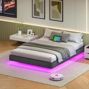 VASAGLE Dvojlôžková posteľ Timaro 140x200 s nabíjacou stanicou a LED osvetlením sivá