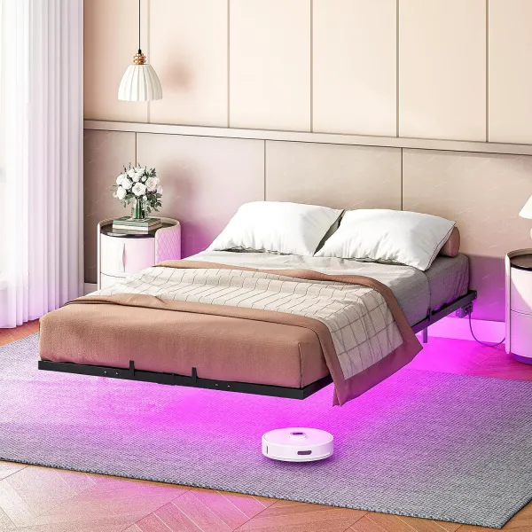 VASAGLE Rám dvojlôžkovej postele Workman 140x200 s nabíjacou stanicou a LED osvetlením čierny