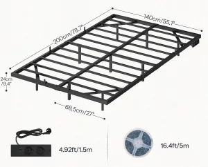 VASAGLE Rám dvojlôžkovej postele Workman 140x200 s nabíjacou stanicou a LED osvetlením čierny