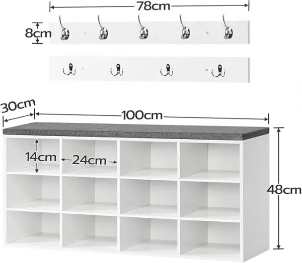Predsieňový vešiak s botníkom a sedadlom Vasagle Jungo 100 cm biely/sivý