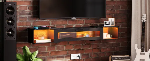 VASAGLE Závesný TV stolík Browny 140 cm s LED osvetlením čierny
