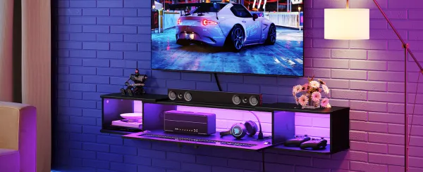VASAGLE Závesný TV stolík Browny 140 cm s LED osvetlením čierny
