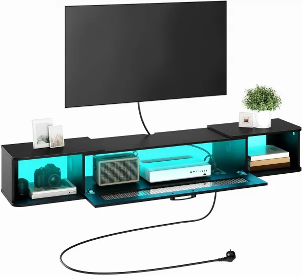 VASAGLE Závesný TV stolík Browny 140 cm s LED osvetlením čierny