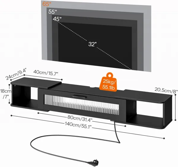 VASAGLE Závesný TV stolík Browny 140 cm s LED osvetlením čierny