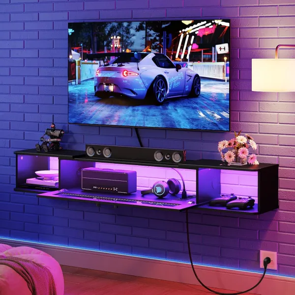 VASAGLE Závesný TV stolík Browny 140 cm s LED osvetlením čierny