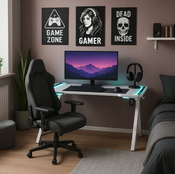 GamingovýstôlsRGBLEDpodsvietenímbielyŠírka:60cm|Dĺžka:140cm