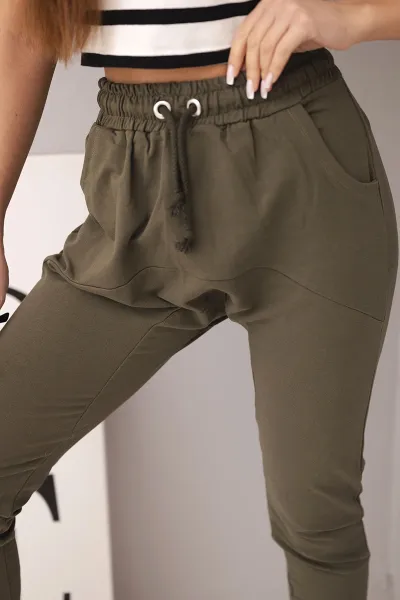 Dámske tepláky s elastickým pásom khaki