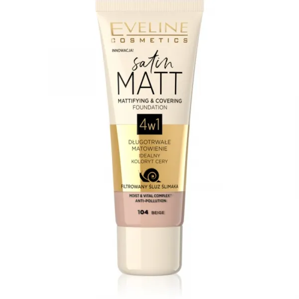 Eveline Cosmetics Satin Matt zmatňujúci make-up s extraktom zo slimáka odtieň 104 Beige 30 ml