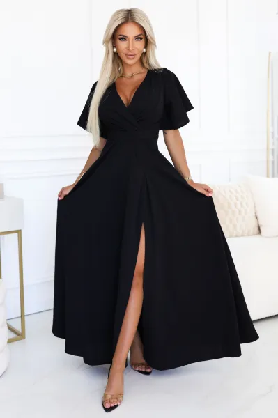 Numoco Jennifer – elegantné dlhé šaty s rukávikom a rozparkom 581-8 Farba: Smaragdová, Veľkosť: S