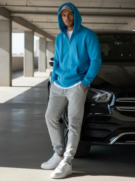 Moderná mikina na zips s kapucňou modrá-muži