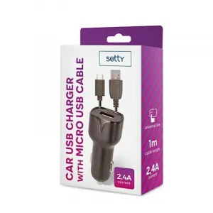SETTY USB autonabíjačka 2,4A microUSB 1m kábel, čierna GSM043807