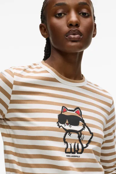 Tričko Karl Lagerfeld Ikon Print Stripe Lslv Top Cannoli Cream-Nougat