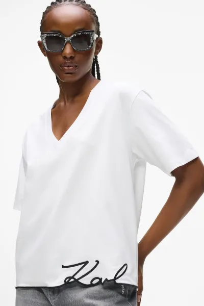 Tričko Karl Lagerfeld Signature Hem V-Neck T-Shirt White