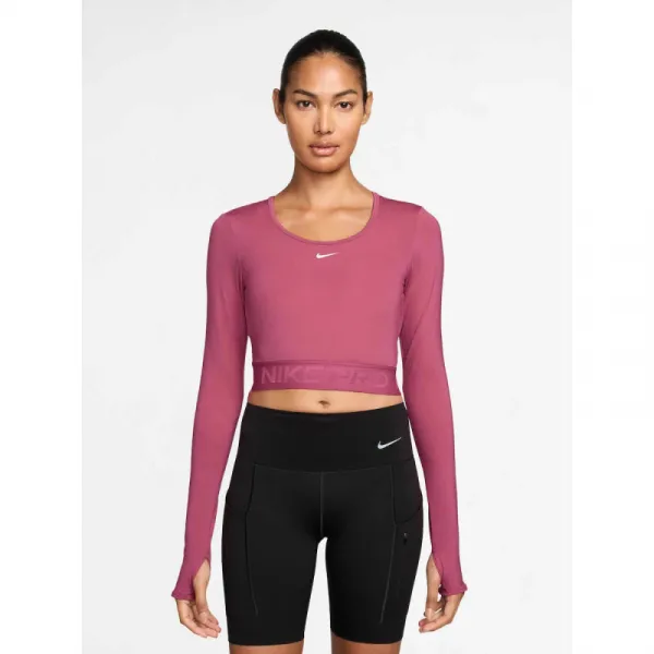 Dámske tréningové tričko s dlhým rukávom NIKE PRO W NP DF LS TOP GG SHINE SWEET BEET RUSH MAROON WHITE