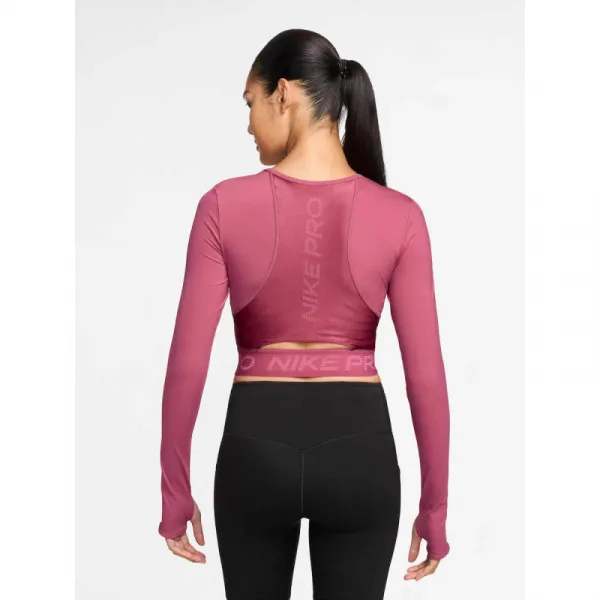 Dámske tréningové tričko s dlhým rukávom NIKE PRO W NP DF LS TOP GG SHINE SWEET BEET RUSH MAROON WHITE