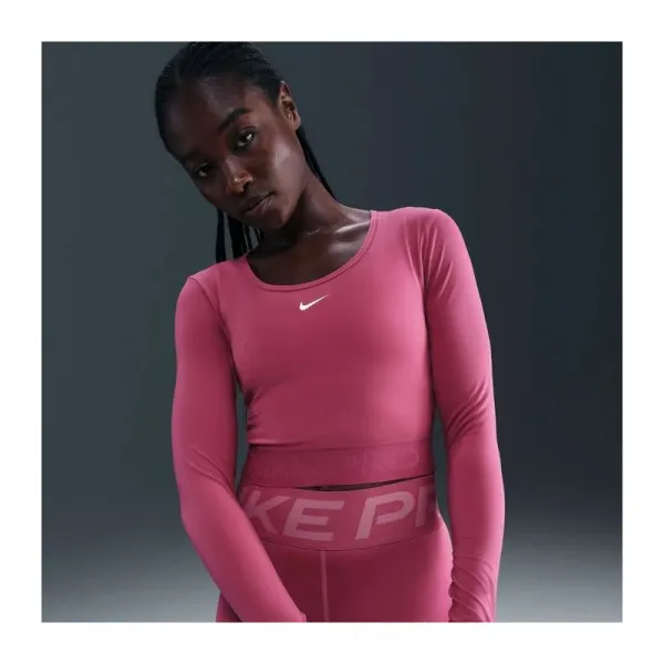Dámske tréningové tričko s dlhým rukávom NIKE PRO W NP DF LS TOP GG SHINE SWEET BEET RUSH MAROON WHITE