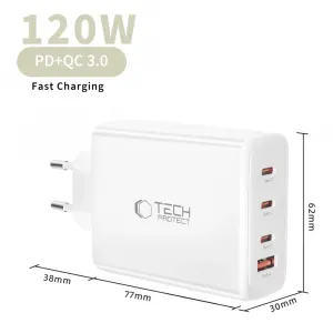 Tech-Protect NC120W GaN sieťová nabíjačka USB / 3x USB-C 120W PD QC, biela