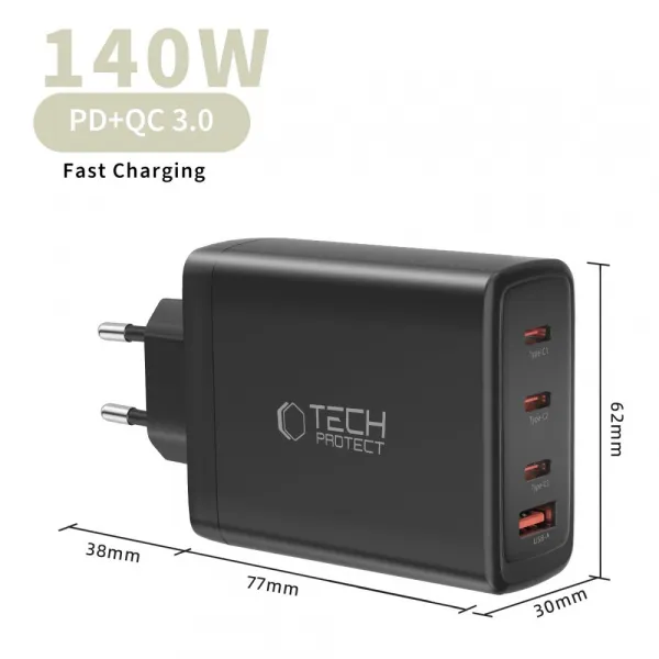 Tech-Protect NC140W GaN sieťová nabíjačka USB / 3x USB-C 140W PD QC, čierna