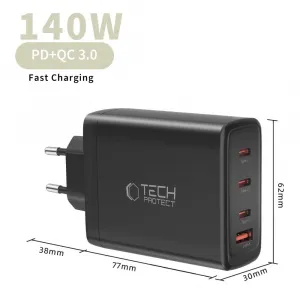 Tech-Protect NC140W GaN sieťová nabíjačka USB / 3x USB-C 140W PD QC, čierna