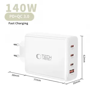Tech-Protect NC140W GaN sieťová nabíjačka USB / 3x USB-C 140W PD QC, biela